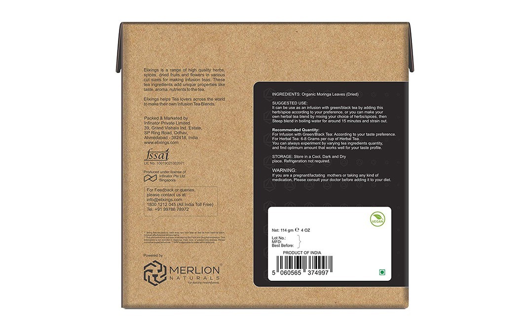 Elixings Organic Moringa leaves Moringa Oleifera Loose Leaf Cut   Box  114 grams